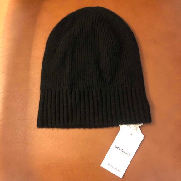 NWT NORDSTROM 100% Cashmere Rib Sweater Knit Beanie Hat Pink, Black or Beige OS main image 4